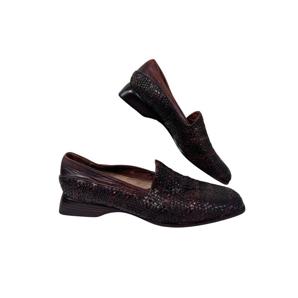 Sesto Meucci Loafers Womens 8.5 N Brown Excellent Woven Leather Square Toe Italy